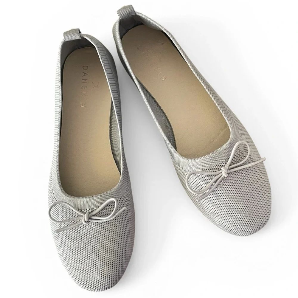Danskin Wonder Light Gray Mesh Ballet Flats with Bow Sz 8.5 (9) Cushion Soles